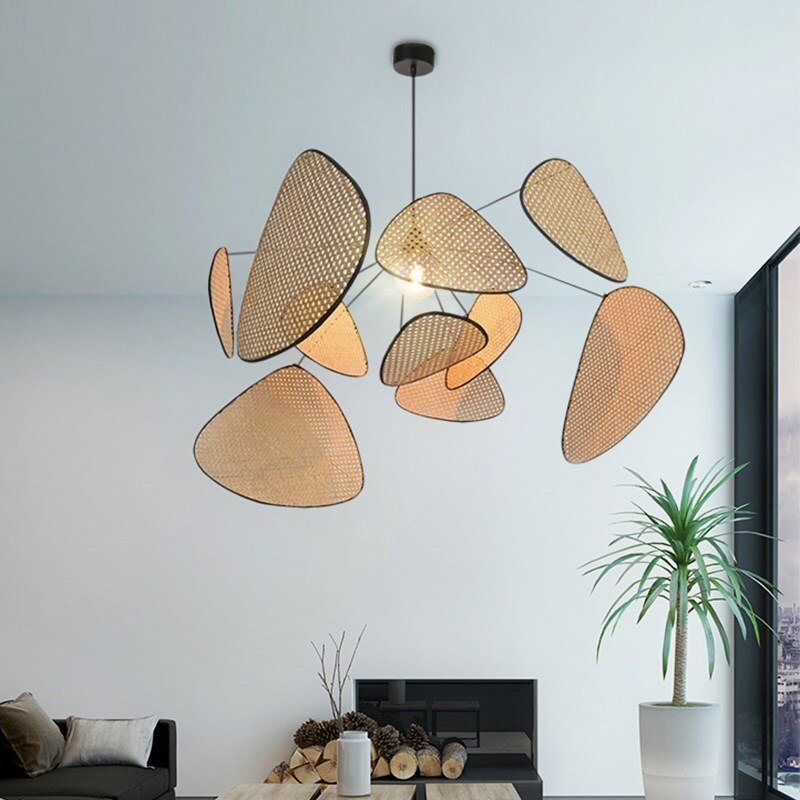 Rattan And Metal Pendant Light With Leaf Grid Design