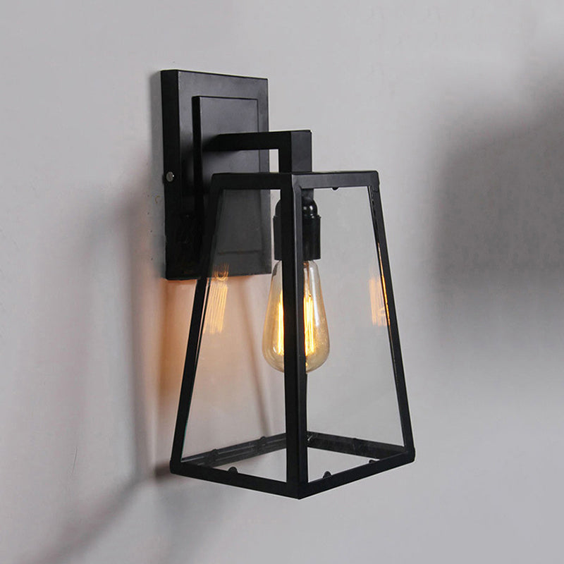 Black Retro Industrial Wall Lantern Featuring Glass Panels