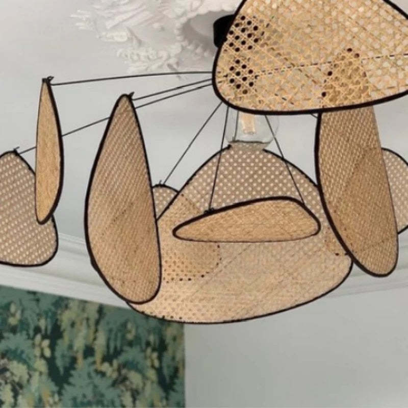 Rattan And Metal Pendant Light With Leaf Grid Design
