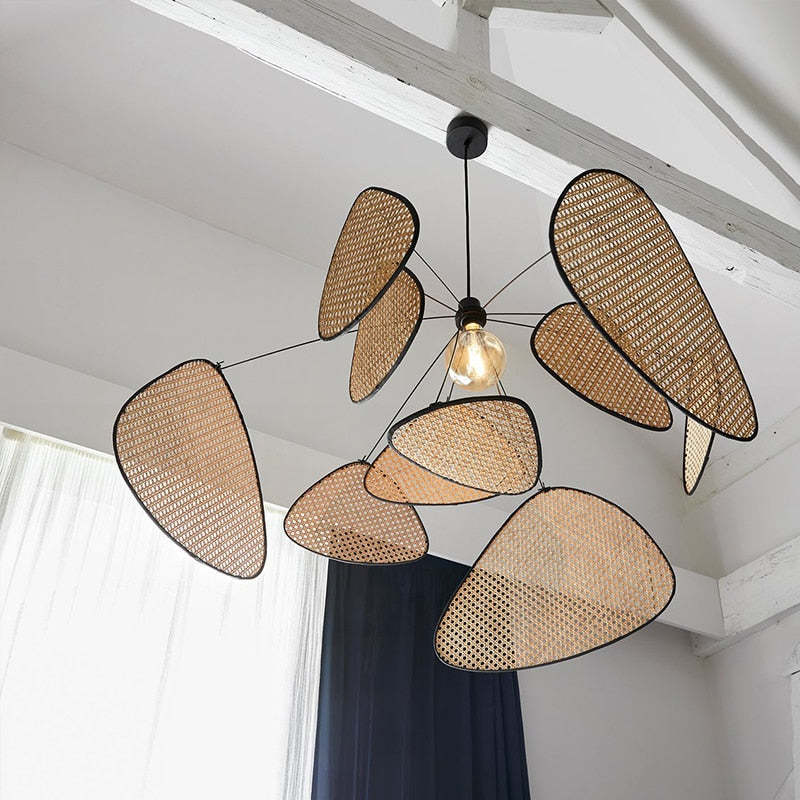 Rattan And Metal Pendant Light With Leaf Grid Design