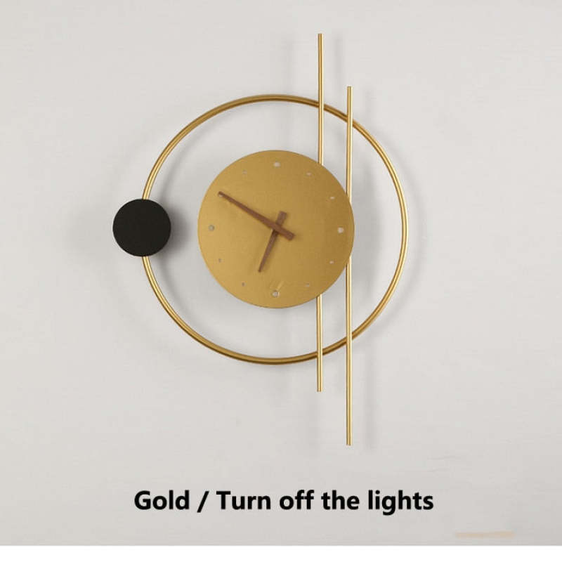 Black Finish Wall Clock Lamp With Warm Light Brass Accent