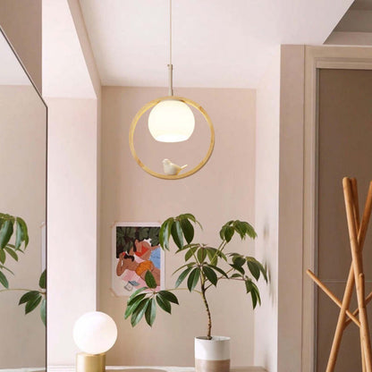 Milky Glass Shade Pendant Light With Oak Wood