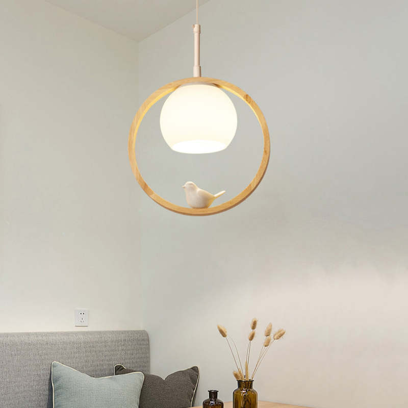 Milky Glass Shade Pendant Light With Oak Wood