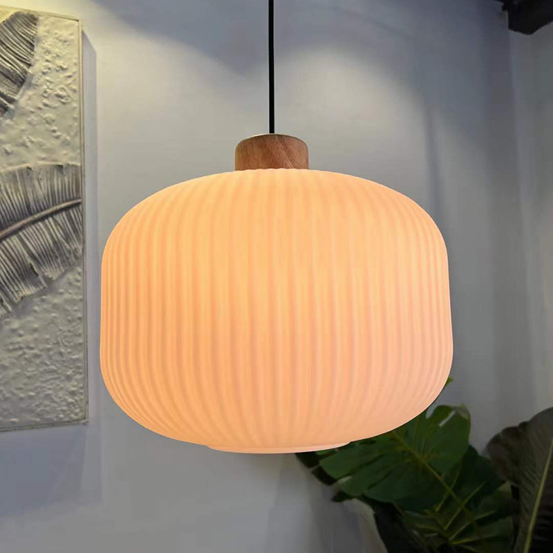 White Glare Free Pendant Light With Wood And Glass