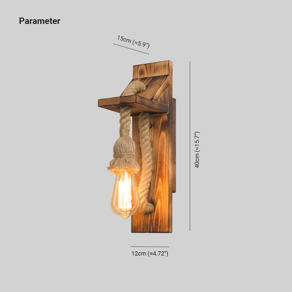 LED Wall Light Rectangular Heritage With Hemp Rope And Wood