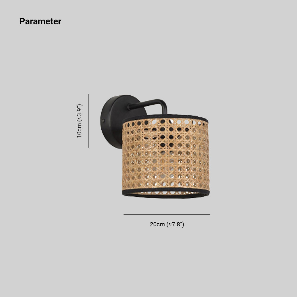 Rattan Shade And Metal Frame Rustic Cylindrical Wall Lamp