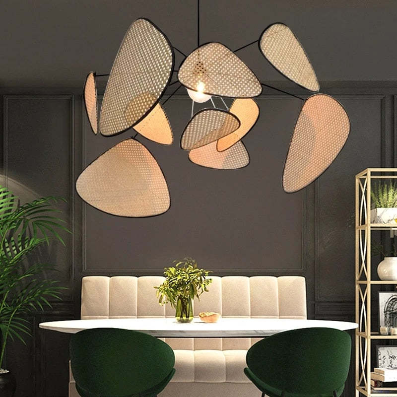 Rattan And Metal Pendant Light With Leaf Grid Design