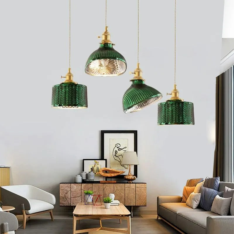 Green Glass Retro LED Pendant Light For Dining Room