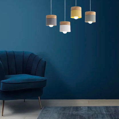 Metal And Wood Warm Glow Can Shape Pendant Light