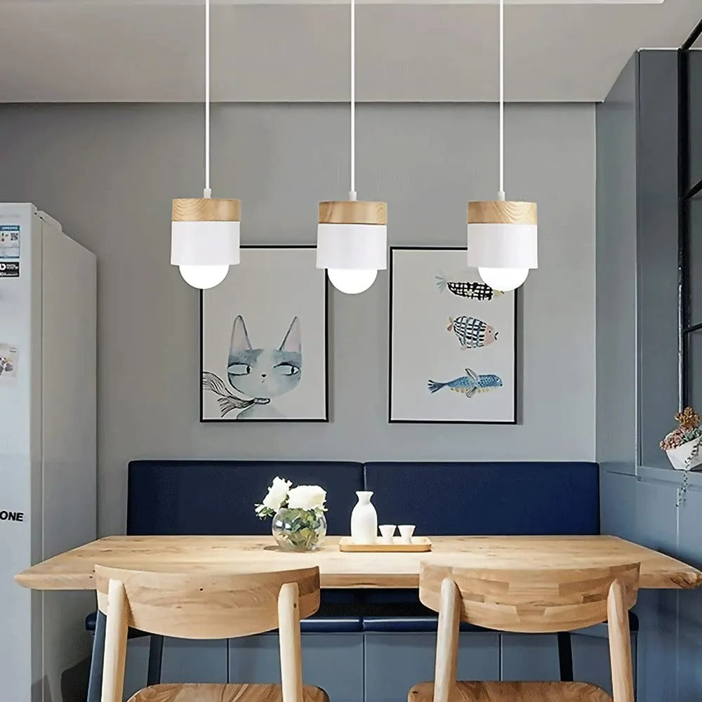 Metal And Wood Warm Glow Can Shape Pendant Light