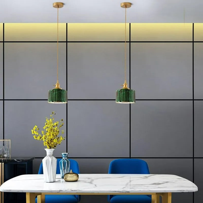 Green Glass Retro LED Pendant Light For Dining Room