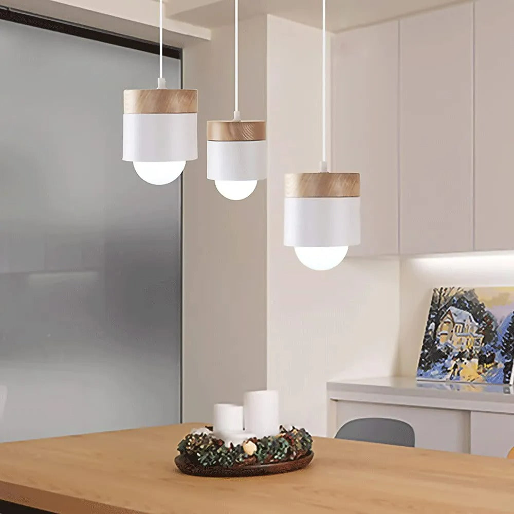Metal And Wood Warm Glow Can Shape Pendant Light