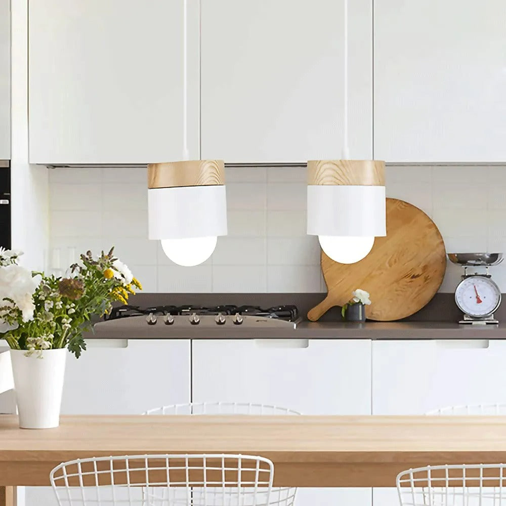 Metal And Wood Warm Glow Can Shape Pendant Light