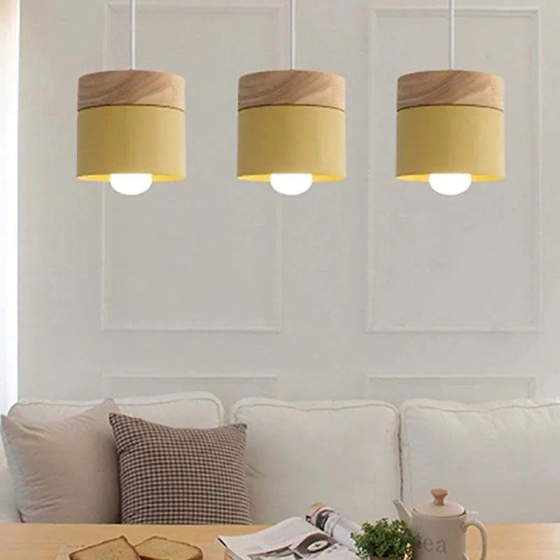 Metal And Wood Warm Glow Can Shape Pendant Light