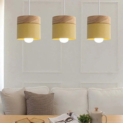 Metal And Wood Warm Glow Can Shape Pendant Light
