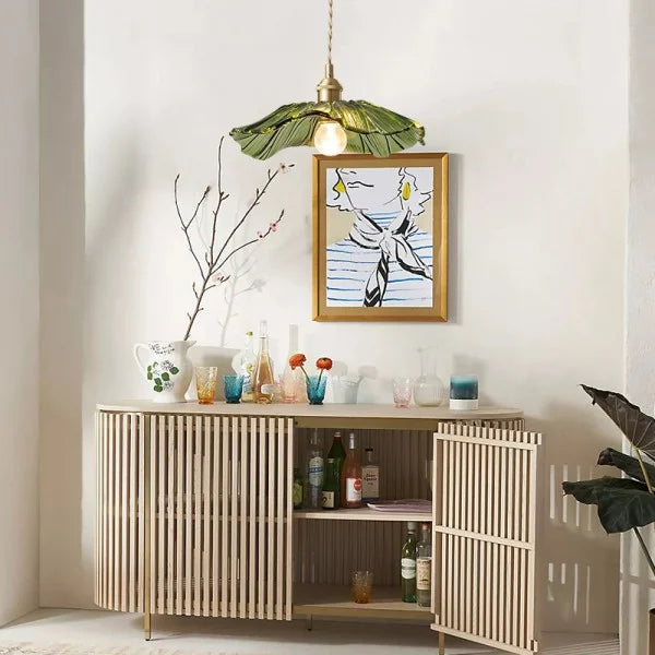 Warm Glow Petal Glass Pendant Light With Brass Accents