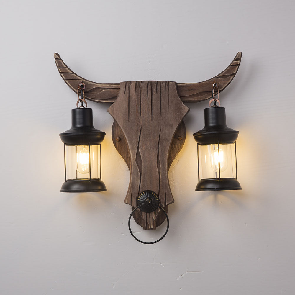 Twin Heads Wooden And Metal Vintage Bull Wall Lamp